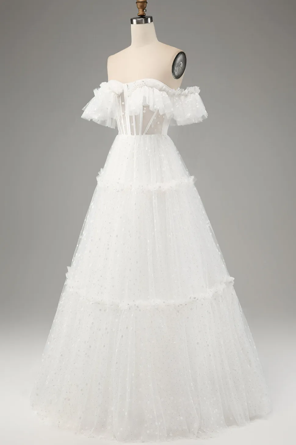 Marfim A-Line fora do ombro tule vestido de noiva
