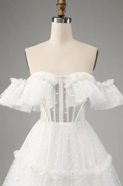 Marfim A-Line fora do ombro tule vestido de noiva