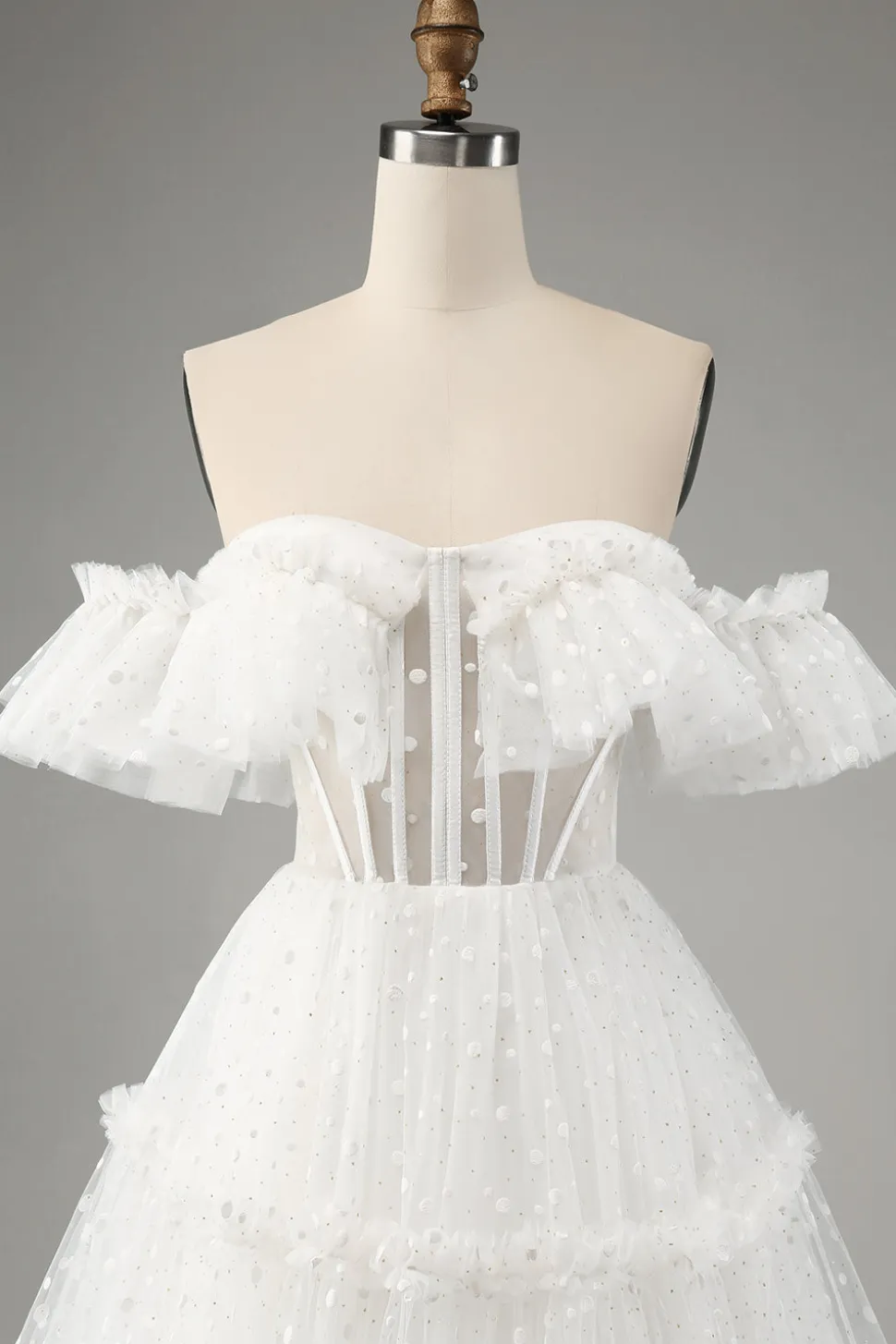 Marfim A-Line fora do ombro tule vestido de noiva