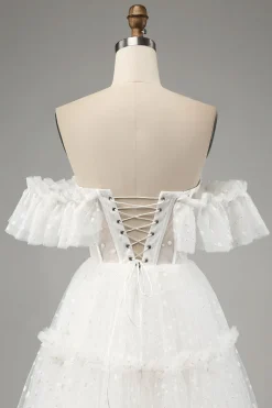 Marfim A-Line fora do ombro tule vestido de noiva