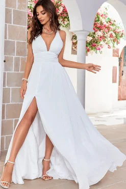 Marfim A-Line Halter varredura trem vestido de noiva com fenda