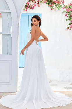 Marfim A-Line Halter varredura trem vestido de noiva com fenda