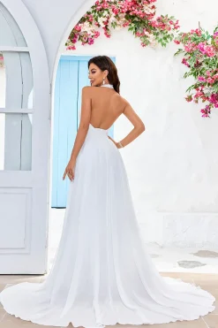 Marfim A-Line Halter varredura trem vestido de noiva com fenda