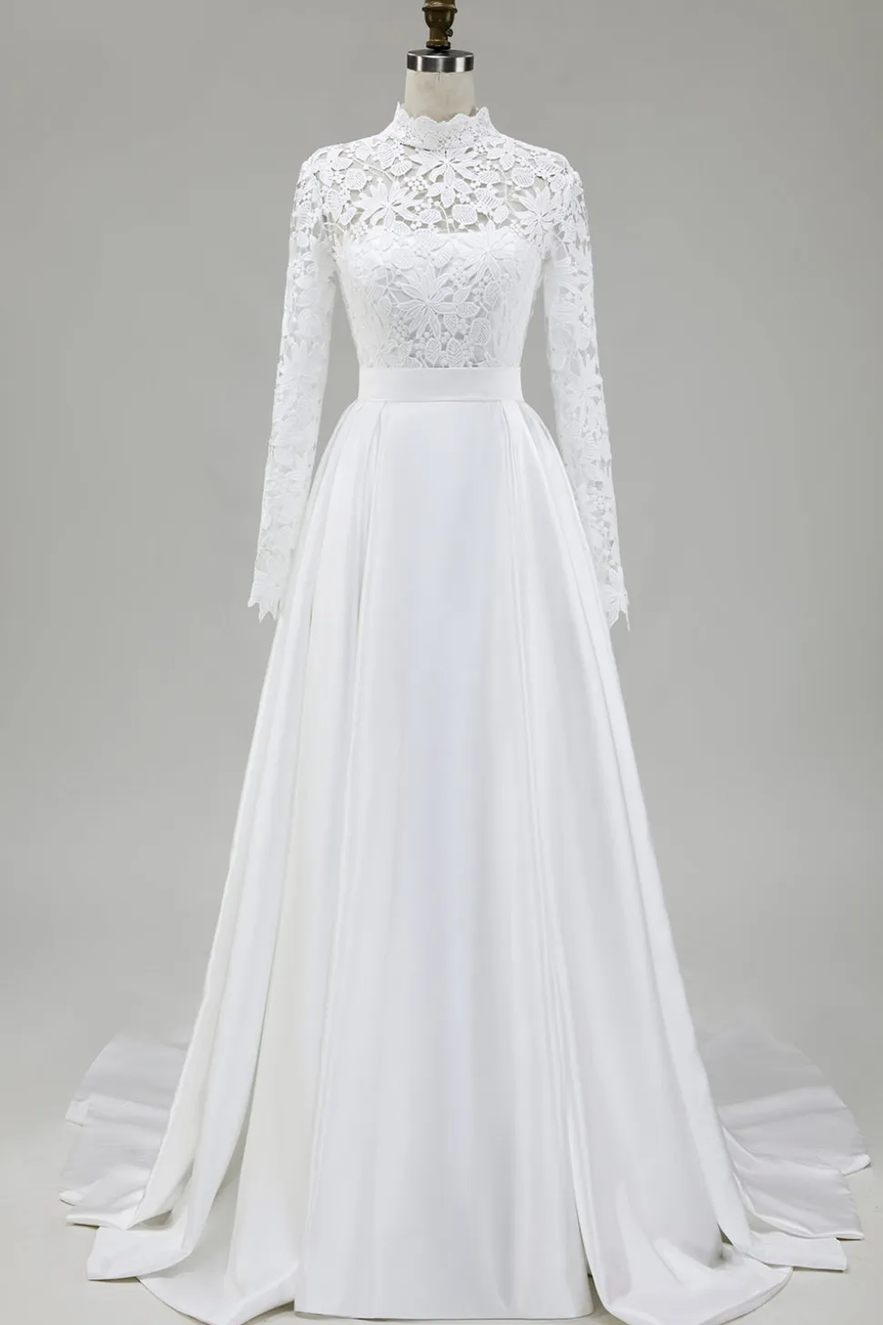 Marfim A-Line High Neck Vestido de Noiva Cetim com Renda