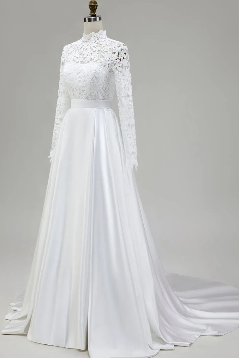 Marfim A-Line High Neck Vestido de Noiva Cetim com Renda