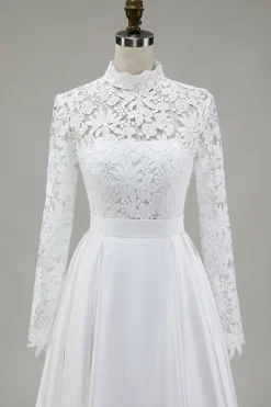 Marfim A-Line High Neck Vestido de Noiva Cetim com Renda