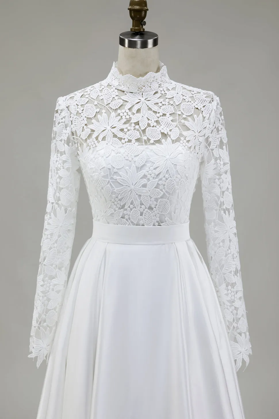 Marfim A-Line High Neck Vestido de Noiva Cetim com Renda
