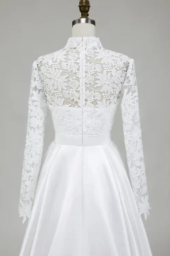 Marfim A-Line High Neck Vestido de Noiva Cetim com Renda