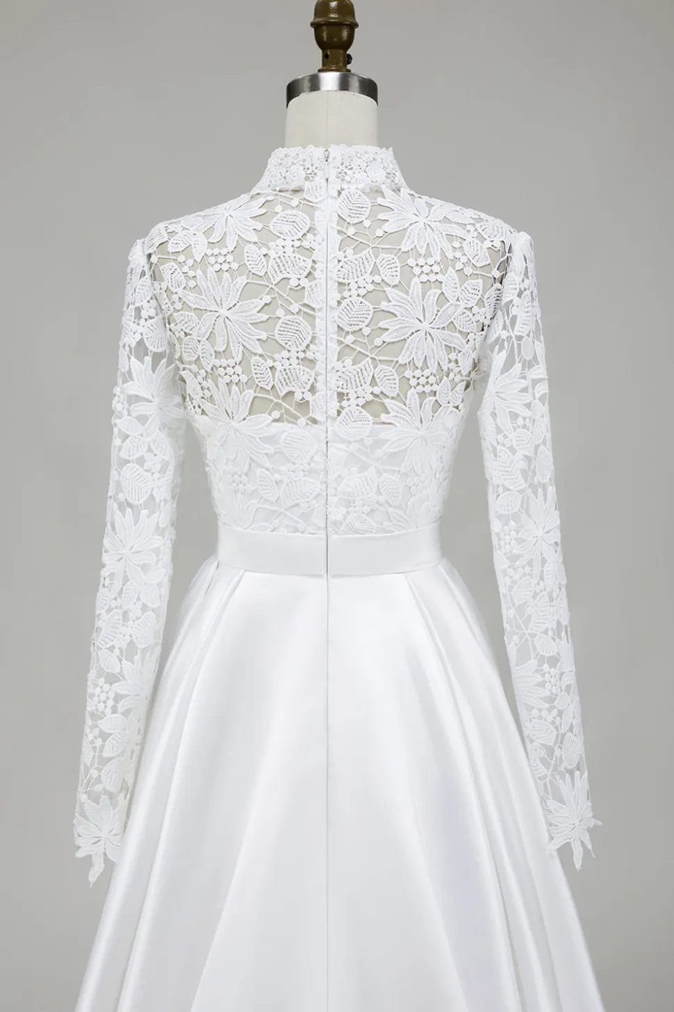 Marfim A-Line High Neck Vestido de Noiva Cetim com Renda