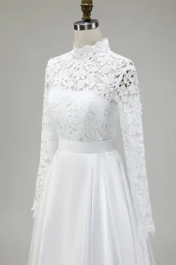 Marfim A-Line High Neck Vestido de Noiva Cetim com Renda