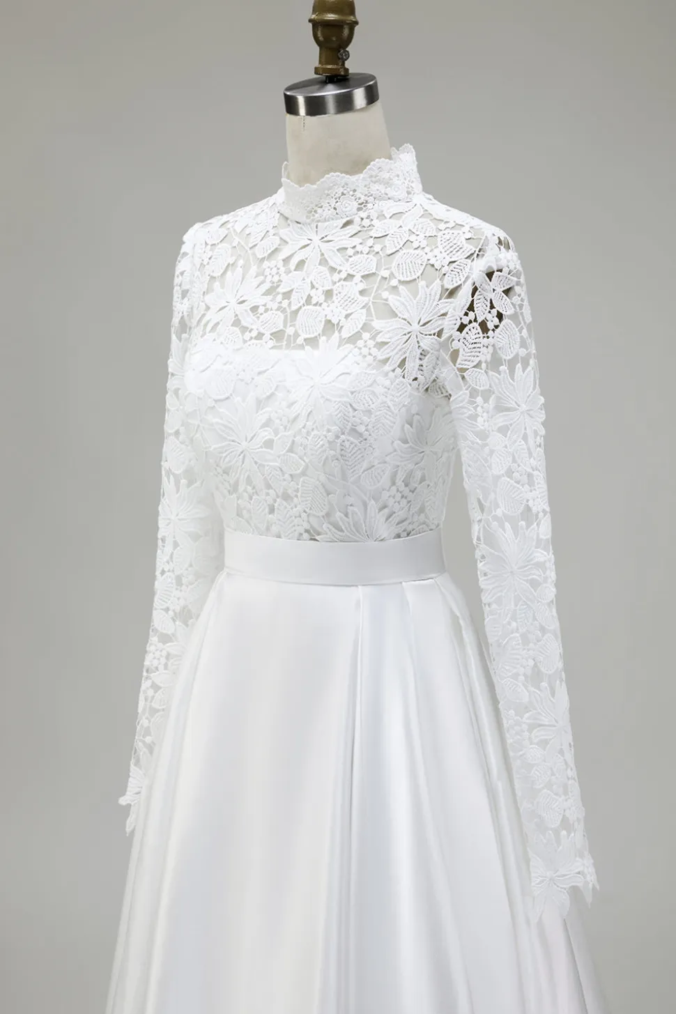 Marfim A-Line High Neck Vestido de Noiva Cetim com Renda