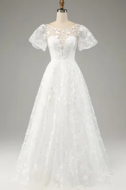 Marfim A-Line Puff mangas vestido de noiva com apliques