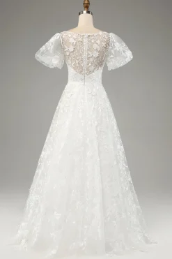 Marfim A-Line Puff mangas vestido de noiva com apliques