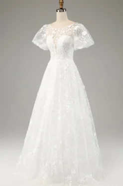 Marfim A-Line Puff mangas vestido de noiva com apliques