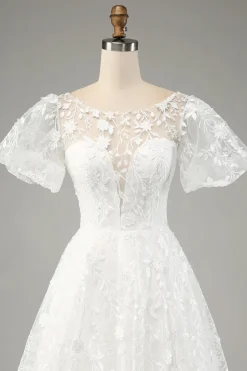 Marfim A-Line Puff mangas vestido de noiva com apliques