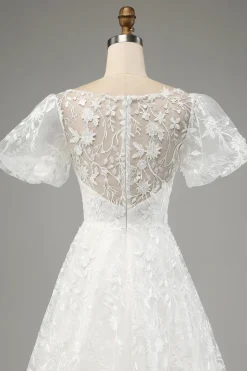 Marfim A-Line Puff mangas vestido de noiva com apliques