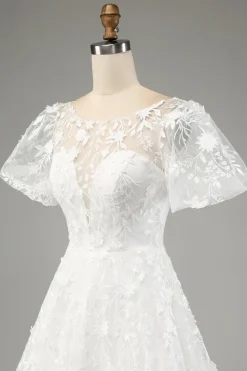 Marfim A-Line Puff mangas vestido de noiva com apliques