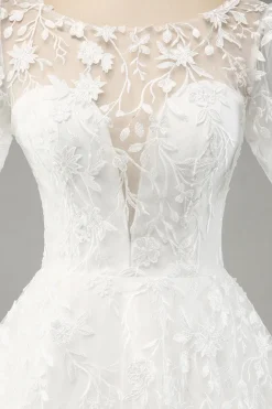 Marfim A-Line Puff mangas vestido de noiva com apliques