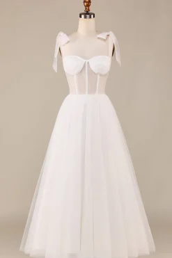 Marfim A-Line Tea-Length Tulle Corset Vestido de Noiva