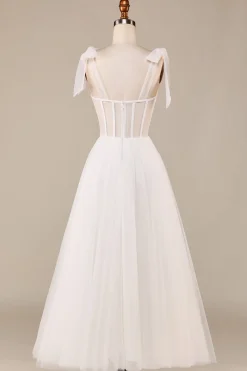 Marfim A-Line Tea-Length Tulle Corset Vestido de Noiva
