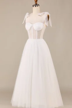 Marfim A-Line Tea-Length Tulle Corset Vestido de Noiva