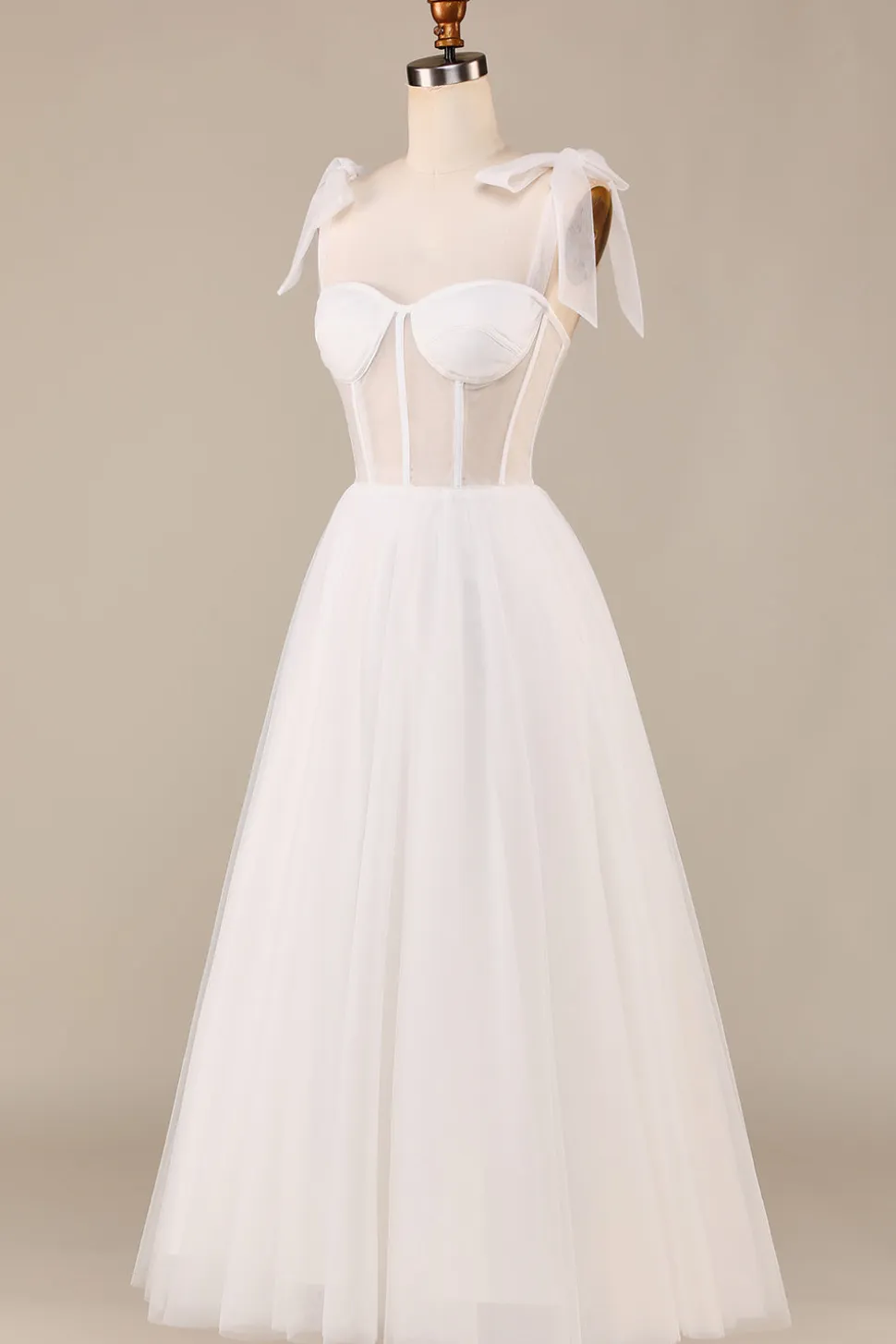 Marfim A-Line Tea-Length Tulle Corset Vestido de Noiva