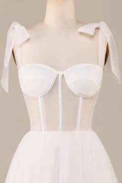 Marfim A-Line Tea-Length Tulle Corset Vestido de Noiva
