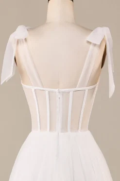 Marfim A-Line Tea-Length Tulle Corset Vestido de Noiva