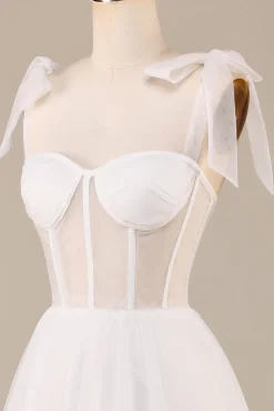 Marfim A-Line Tea-Length Tulle Corset Vestido de Noiva