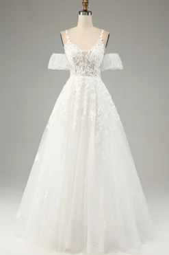 Marfim A-Line Tule Esparguete Correias Vestido de Noiva com Apliques
