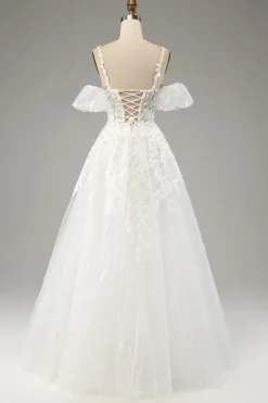 Marfim A-Line Tule Esparguete Correias Vestido de Noiva com Apliques