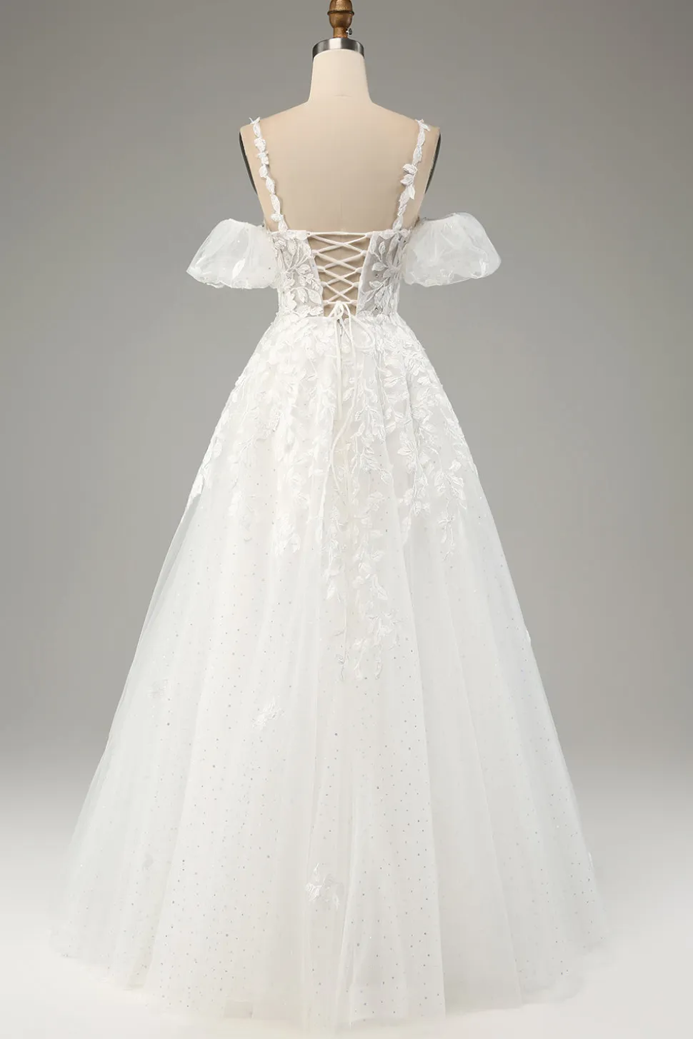 Marfim A-Line Tule Esparguete Correias Vestido de Noiva com Apliques