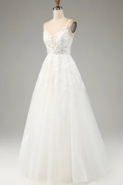 Marfim A-Line Tule Esparguete Correias Vestido de Noiva com Apliques