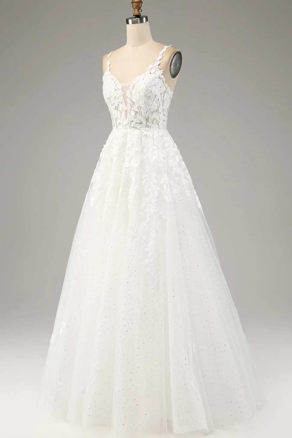 Marfim A-Line Tule Esparguete Correias Vestido de Noiva com Apliques