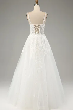Marfim A-Line Tule Esparguete Correias Vestido de Noiva com Apliques