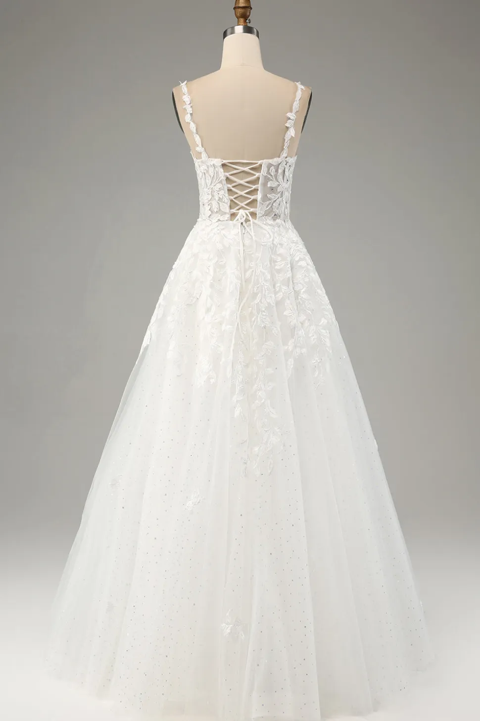 Marfim A-Line Tule Esparguete Correias Vestido de Noiva com Apliques
