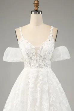 Marfim A-Line Tule Esparguete Correias Vestido de Noiva com Apliques