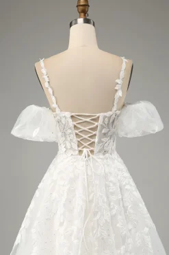 Marfim A-Line Tule Esparguete Correias Vestido de Noiva com Apliques