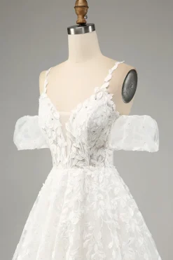 Marfim A-Line Tule Esparguete Correias Vestido de Noiva com Apliques