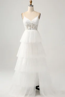 Marfim A-Line Tule Tiered Corset Long Vestido de Noiva com Fenda