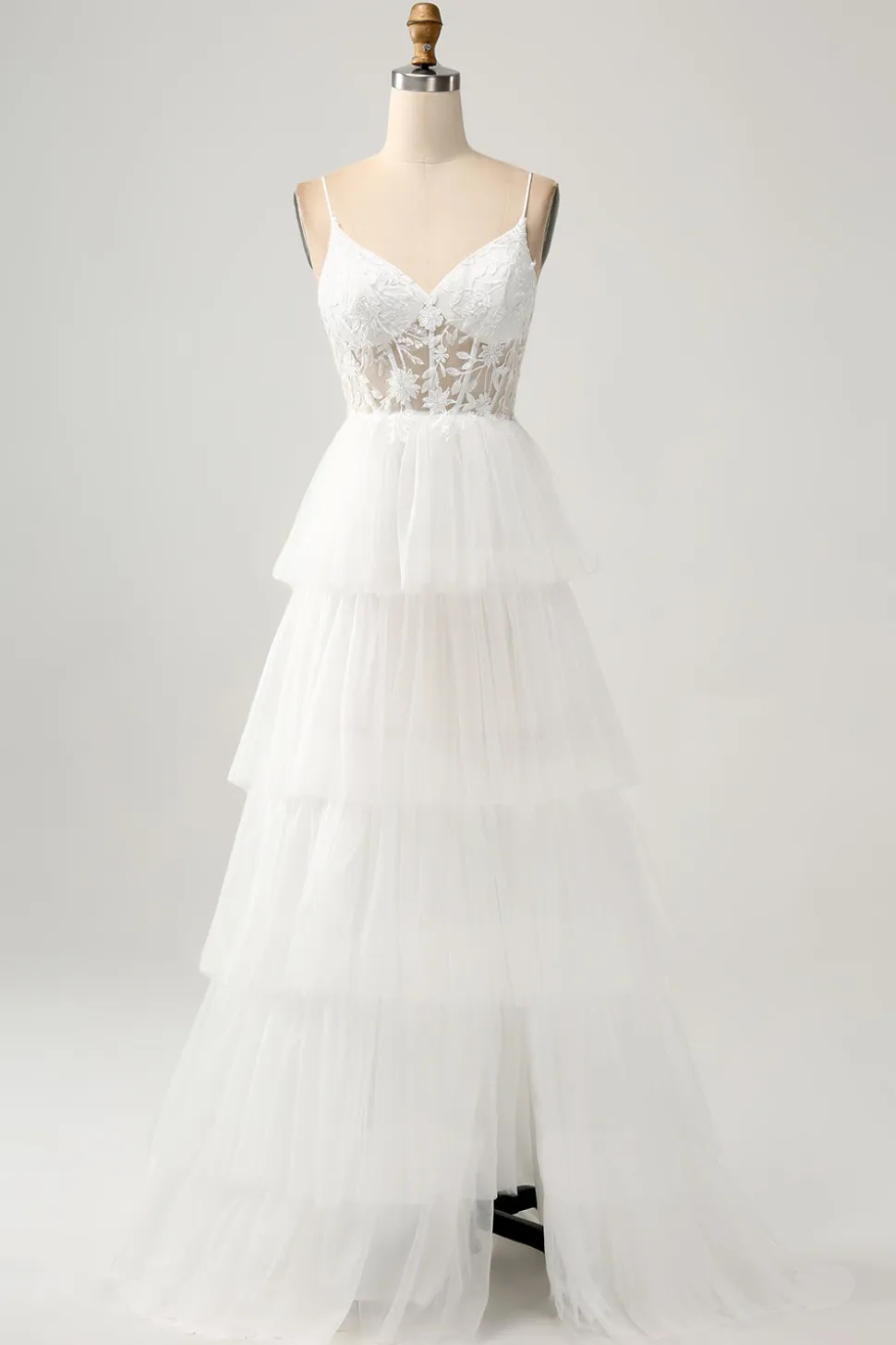 Marfim A-Line Tule Tiered Corset Long Vestido de Noiva com Fenda