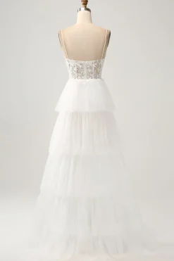 Marfim A-Line Tule Tiered Corset Long Vestido de Noiva com Fenda