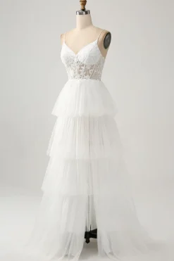 Marfim A-Line Tule Tiered Corset Long Vestido de Noiva com Fenda
