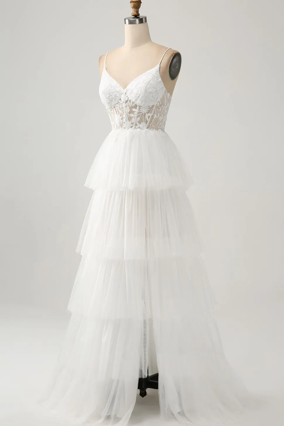 Marfim A-Line Tule Tiered Corset Long Vestido de Noiva com Fenda