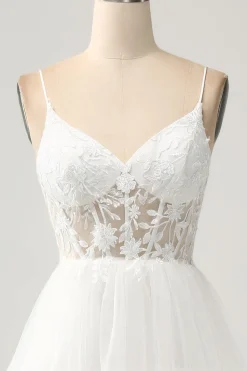 Marfim A-Line Tule Tiered Corset Long Vestido de Noiva com Fenda