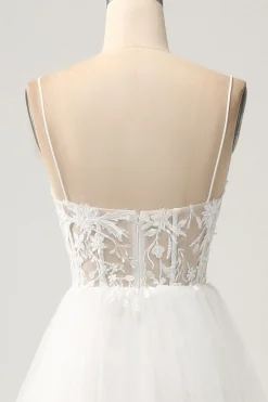 Marfim A-Line Tule Tiered Corset Long Vestido de Noiva com Fenda