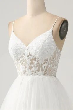 Marfim A-Line Tule Tiered Corset Long Vestido de Noiva com Fenda