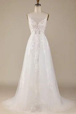 Marfim A-Line Tulle Criss-Cross Correias Volta Vestido de Noiva