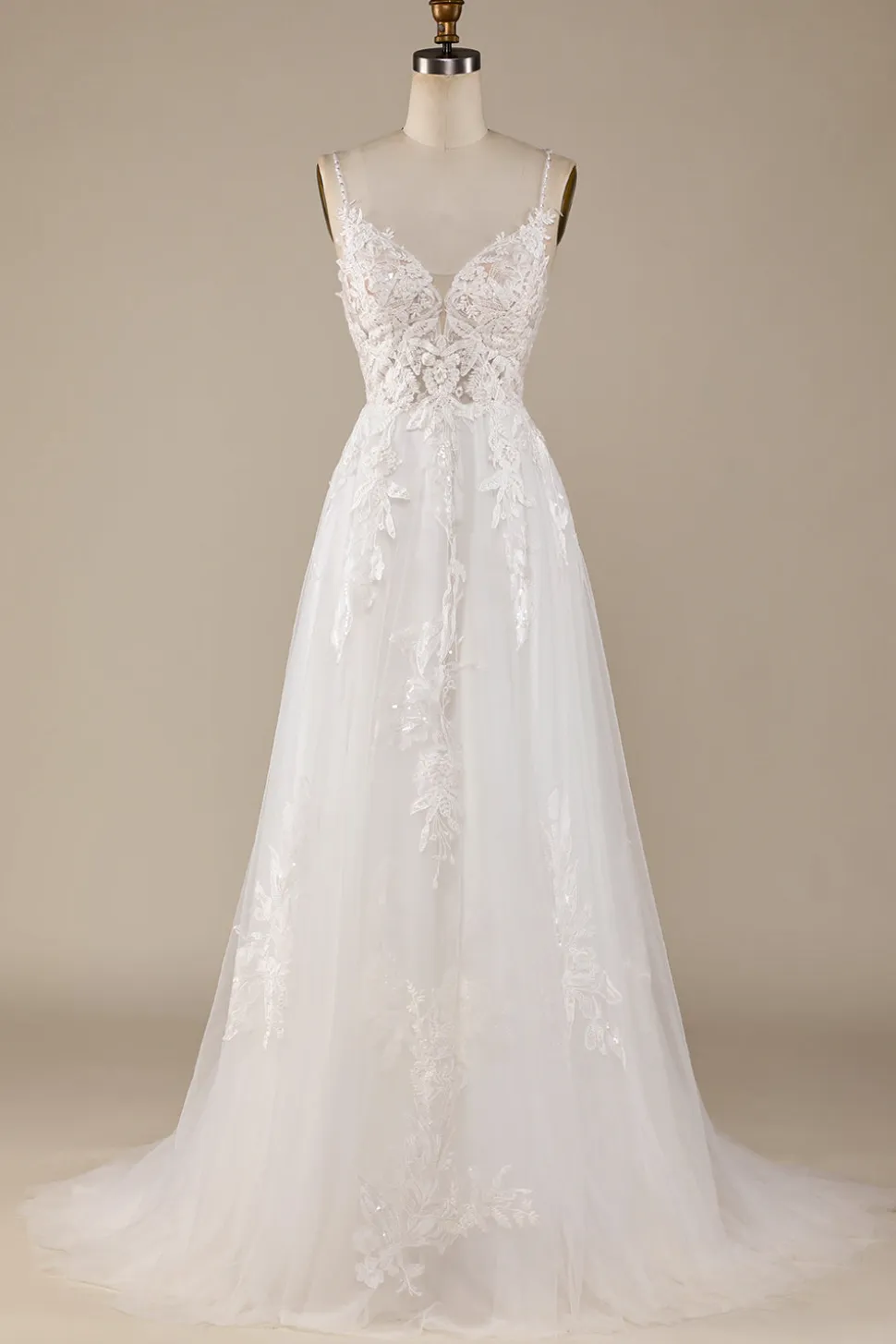 Marfim A-Line Tulle Criss-Cross Correias Volta Vestido de Noiva
