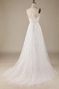 Marfim A-Line Tulle Criss-Cross Correias Volta Vestido de Noiva
